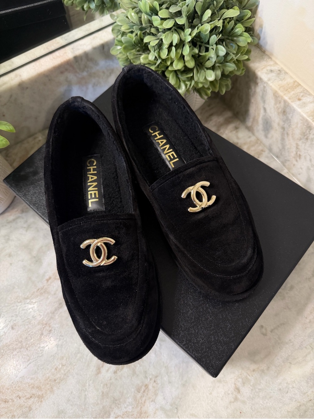 CHANEL Black Suede Loafers with Gold CC Accent